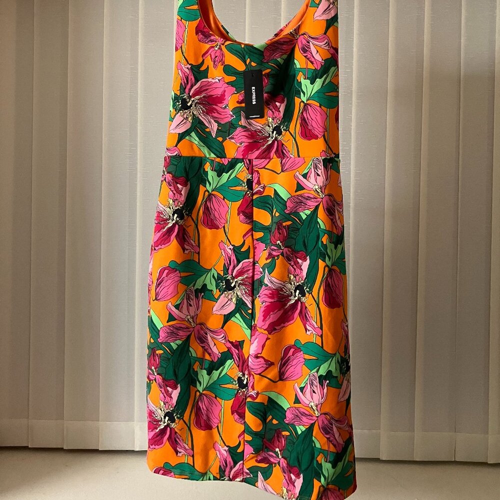 Express Floral Scoop Neck Wrap Front Tie Mini Sheath Dress